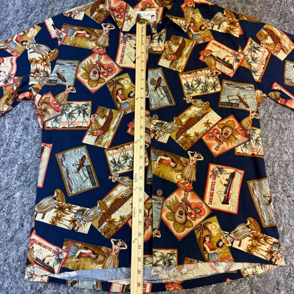 Howie Made in Hawaii Mens Large Postcard Print Cotton Aloha Shirt Navy Blue Vtg
